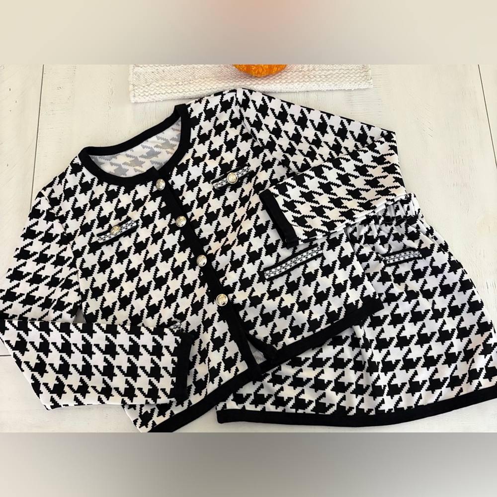Chic Houndstooth Cardigan and Skirt Set